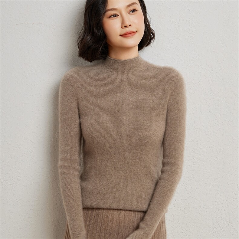 无缝一体抽条羊毛衫女100羊毛半高领高级感针织打底衫上衣毛衣,女装羊绒衫,臻维羊绒