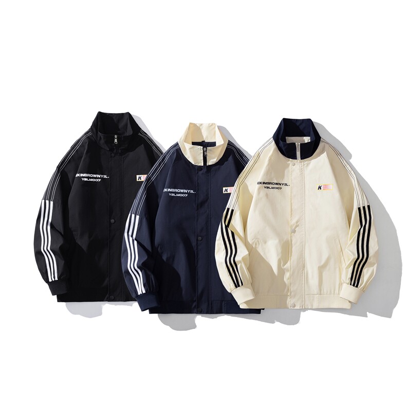 白底立领印花字母图案设计双袖三杠织带夹克男JK77766P75控98，男装夹克，星座227-7