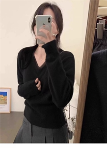 秋冬V领蕾丝花边羊毛衫女宽松显瘦针织打底衫毛衣内搭上衣时尚潮图片