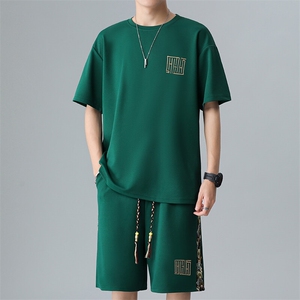 男士刺绣夏季拼接休闲运动套装男T恤短裤两件套潮A266-TZ7707-P45图片
