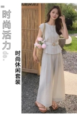 2025时尚简约百搭日常休闲套装短袖长裤，女装套装/套裙，翩雅女装供货