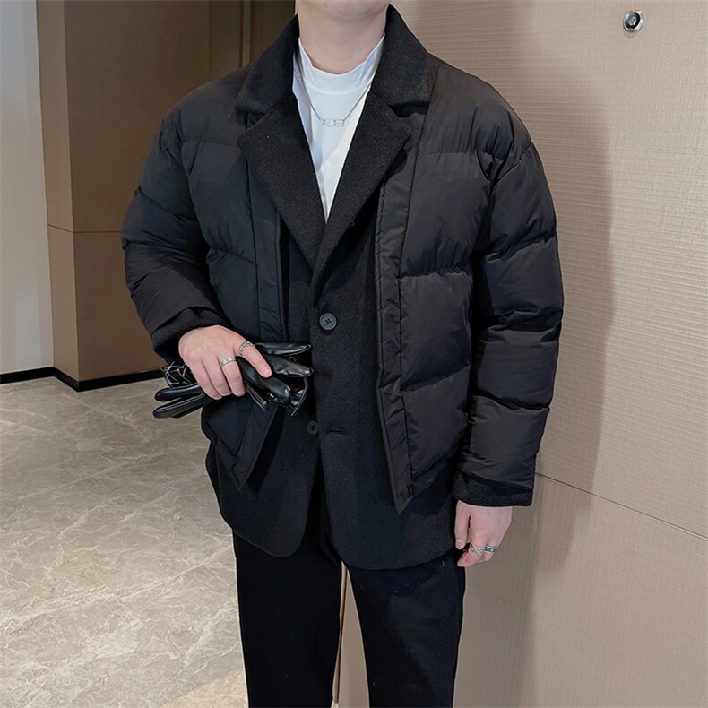 冬季高品质棉服男设计感毛呢拼接西装领假两件保暖棉服M125-P170，男装西服套装，电商B267