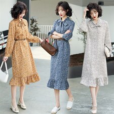 2021春季新款潮流时尚舒适显瘦蝴蝶结领碎花连衣裙，女装连衣裙，冬木谷雨
