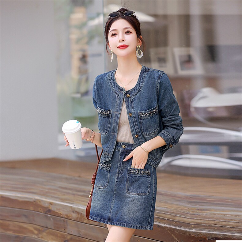 【春季现货】时尚牛仔套装女2024春外套半身裙复古时尚显瘦两件L，女装套装/套裙，意芙黎