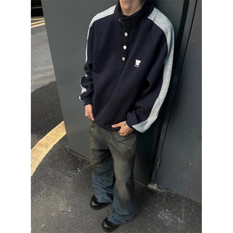 春秋复古拼接立领休闲卫衣男女生宽松套头工装外套装上衣W6781,男装休闲套装,星座1116A（原606A-3）