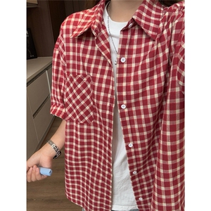 红色美式格子短袖衬衫男夏季薄款慵懒风格纹衬衣cleanfit情侣外套图片