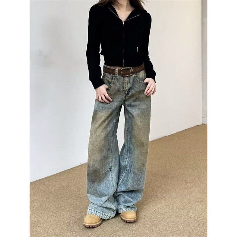 春新款美式高街怀旧复古垂感直筒牛仔裤男女显瘦拖地阔腿裤子,男装牛仔裤,星座410-7