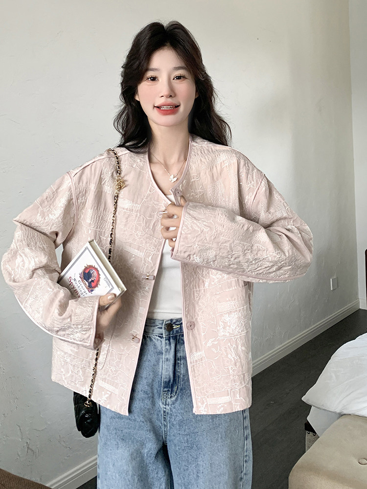 粉色新中式国风外套女秋季2025新款小个子温柔风减龄宽松短款上衣,女装短外套,浙宝069