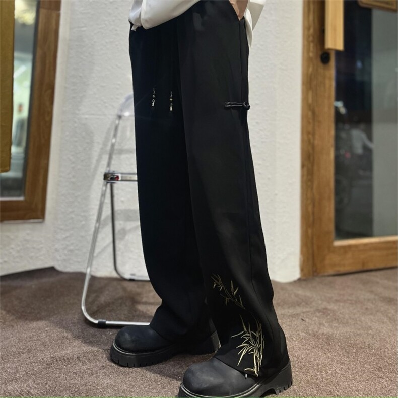 新中式风竹子刺绣西裤男款夏季冰丝裤宽松阔腿直筒裤子KZ84,男装西裤,星座1116A-1（原606A）