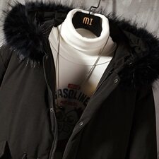 2019冬季新日系水泥墙大码男抽绳大毛领保暖中长款棉衣M738-P145，男装棉衣，电商A001