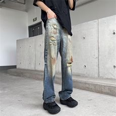 美式高街破洞做旧牛仔裤男女宽松直筒脏脏裤显瘦垂感长裤，男装牛仔裤，星座302B-2