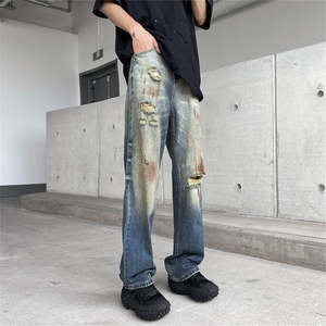美式高街破洞做旧牛仔裤男女宽松直筒脏脏裤显瘦垂感长裤图片