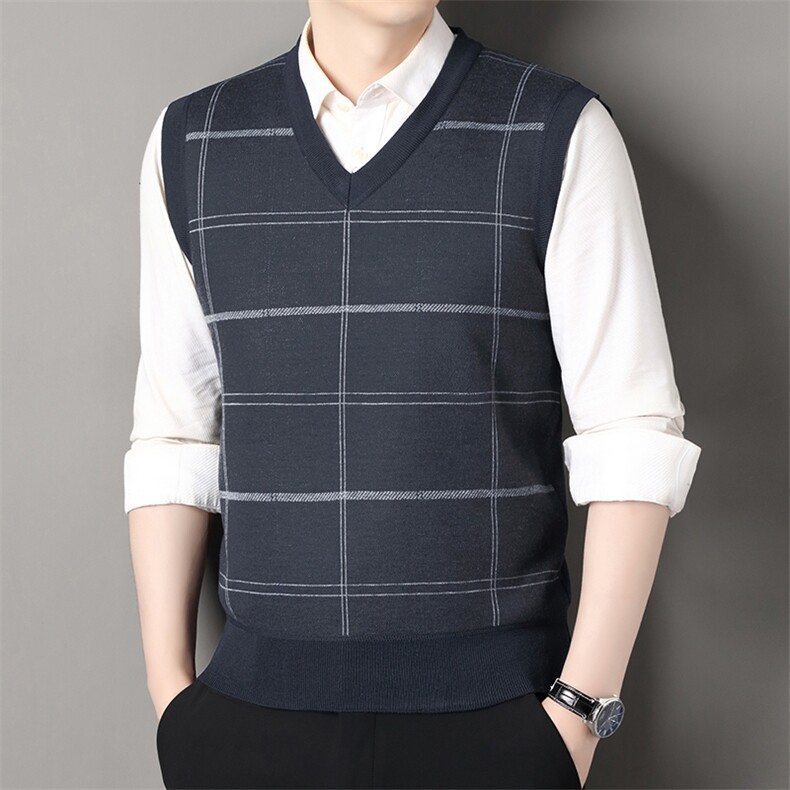 秋冬季加绒休闲爸爸装格子马甲套头宽松中老年款坎肩毛衣背心M23，男装针织衫/毛衣，星座1706