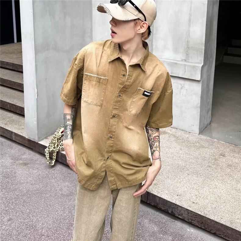 夏季新款日系复古学院风纯色工装半袖衬衫上衣潮牌,男装T恤,星座410-7