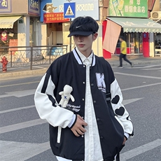 克莱因蓝棒球服男拼接pu皮夹克外套潮流上衣JK0311-P70，男装夹克，星座308B-1