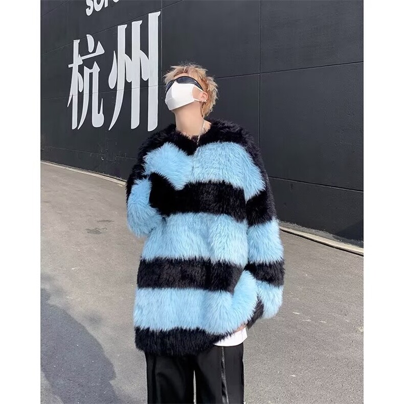 水貂绒毛衣女高级感秋冬宽松慵懒风加厚黑白撞色条纹中长款针织衫,男装针织衫/毛衣,星座506
