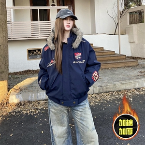 现货高品质美式高街重磅刺绣座山雕大毛毛领棉衣男女加厚棉服外套图片