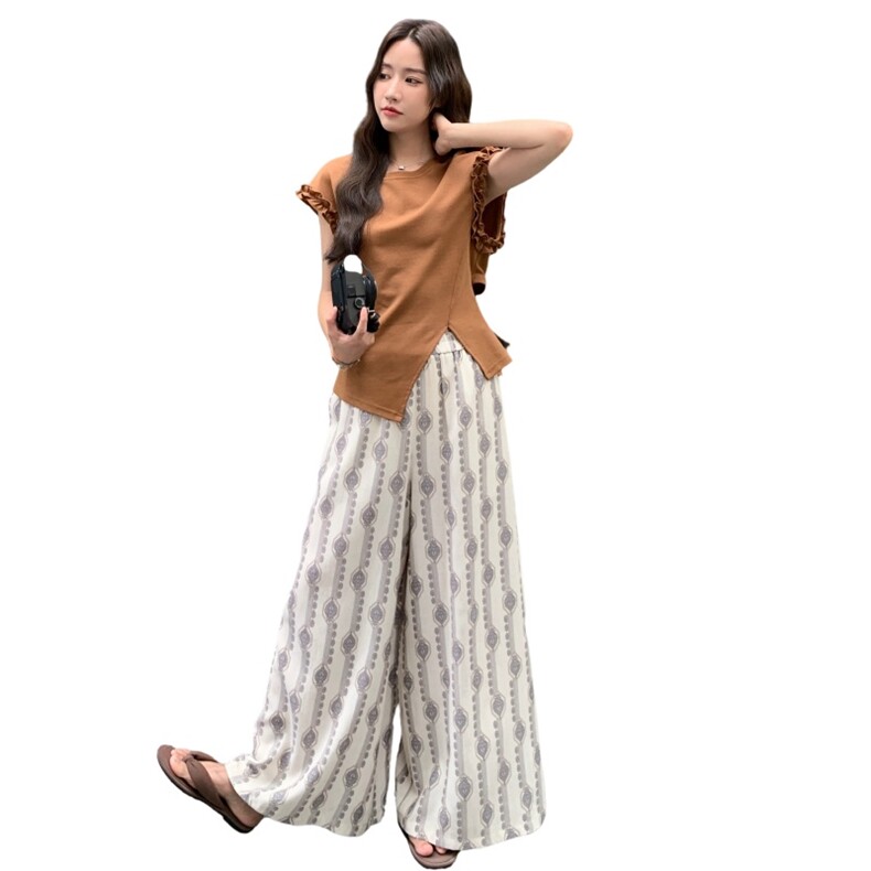 时髦木耳边拼接开叉T恤两件套女2025韩系简约印花直筒阔腿裤套装,女装套装/套裙,秋水欣儿