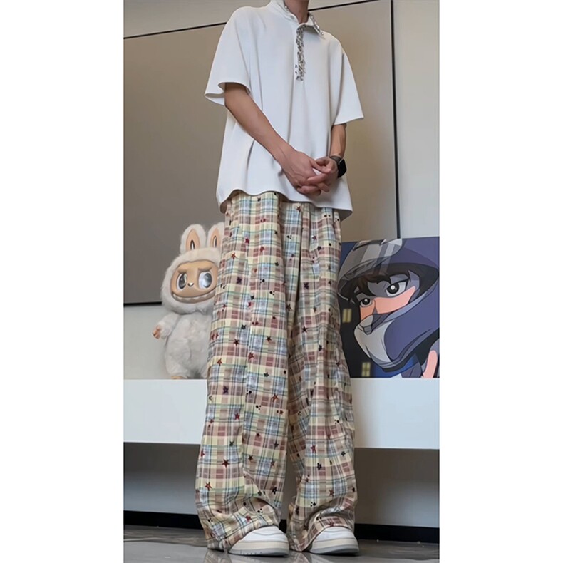 A797-特P40现货格子裤弯刀拼接休闲裤送KT猫公仔挂坠和腰绳,男装休闲裤,电商B335