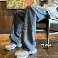 XZ616秋季新款刺绣毛边闪电十字架休闲牛仔裤TY1076特P65控78，男装牛仔裤，星座512A（原616）