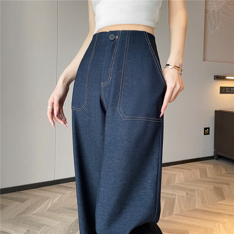 2025春夏新款垂感丹宁牛仔西装阔腿裤高腰显瘦窄版休闲直筒裤，女装牛仔裤，梦白服饰厂