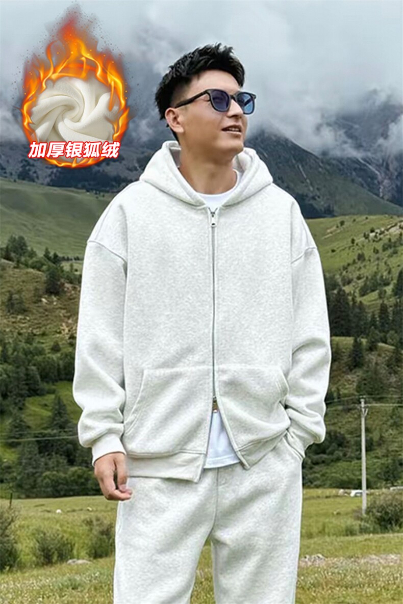 网图宽松480g重磅银狐绒双拉链连帽卫衣外套男W24581J加绒-特P40,女装短外套,电商A001