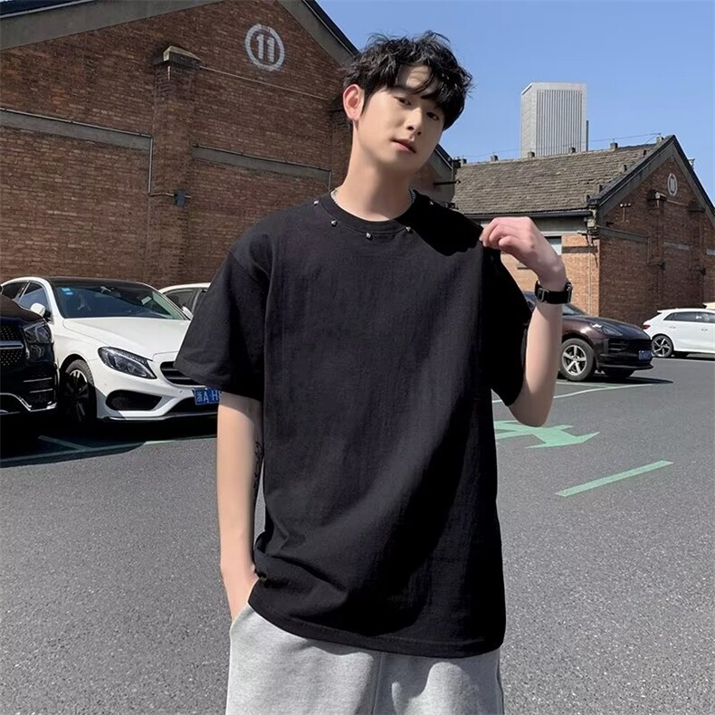 白色短袖t恤男款夏季铆钉设计感小众重磅宽松半袖体恤衫 TM06图片