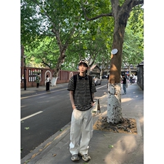 网图有货夏季黑白条纹圆领短袖T恤男女宽松情侣百搭上衣A494-P38，男装T恤，星座1505