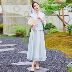 新中式国风套装女2024夏季新款气质复古刺绣禅意超仙半身裙两件套，女装套装/套裙，芷墨服饰