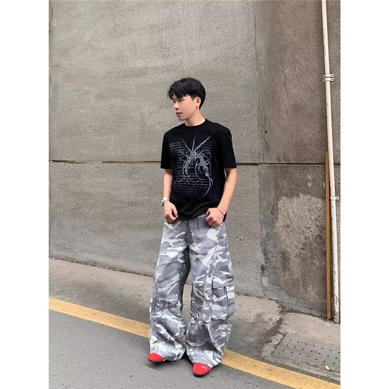 美式复古街头多口袋迷彩工装裤男女宽松显瘦百搭阔腿休闲裤,男装工装外套,星座506A