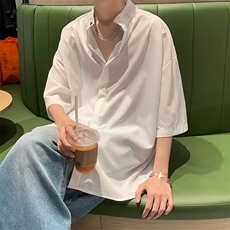 冰丝正肩垂感衬衫男短袖夏季高级感廓形衬衣薄款新中式立领七分袖，男装衬衫，星座601-2