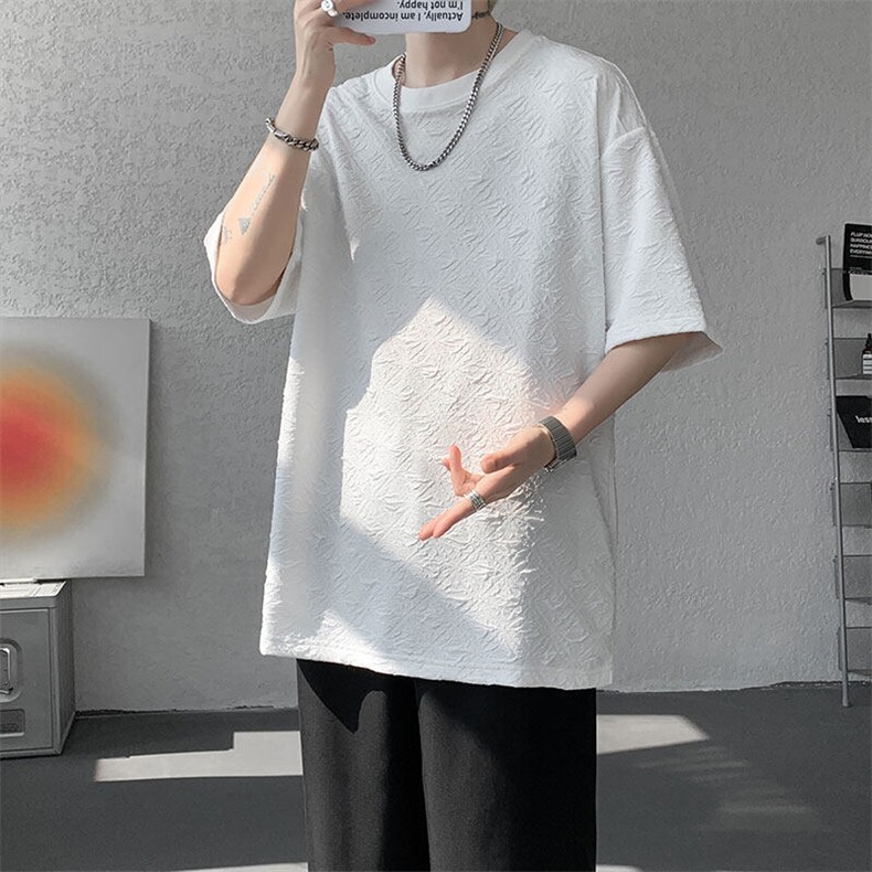 T10123-特批30控68小众提花肌理感高质量大码男百搭圆领短袖T恤,男装T恤,电商A059