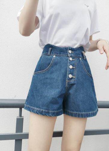 四粒扣高腰显瘦牛仔短裤M一XXL，女装，简 影
