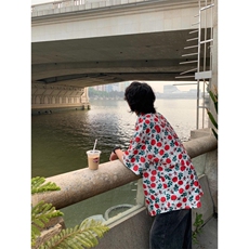 古着vintage巴洛克衬衫男款短袖古巴领冰丝花衬衣C665-P35，男装衬衫，星座1007（原301D）