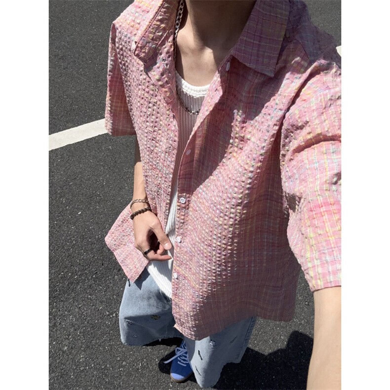 B221美式ins高街宽松薄款泡泡格短袖衬衫SY2548-特P35控59,男装T恤,电商B221