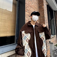 美式潮灯芯绒拼接翻领夹克男秋季宽松情侣百搭休闲外套个性WT533，男装夹克，星座1116A-1（原606A）