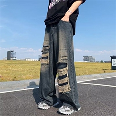 2024破洞牛仔裤男秋季复古水洗做旧阔腿裤宽松直筒休闲NZ093-P50，男装牛仔裤，星座1103-2