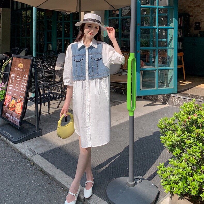 《现货新品》假两件牛仔翻领衬衫连衣裙,女装连衣裙,MQ