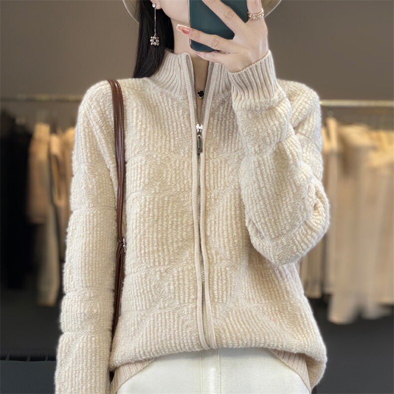秋冬新款羊毛加厚立领拉链开衫女宽松显瘦保暖毛衣外套,女装羊毛衫,忠诺羊绒