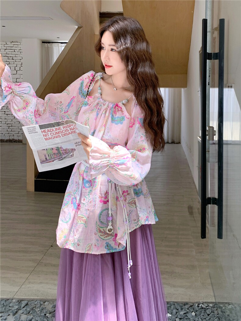 【档口】紫色碎花上衣网纱半身裙套装2C158-6008-P165-K238,女装套装/套裙,2C158