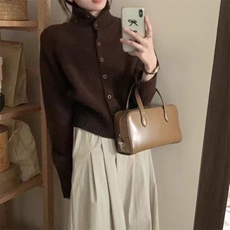 100%纯羊毛衫开衫女秋冬新款高领加厚排扣针织外套宽松羊绒衫上衣，女装羊毛衫，泰沅羊绒
