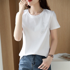 烫画小熊工艺高端丝光棉短袖圆领冰感上衣女显瘦休闲百搭基础款潮，女装T恤，元素羊绒