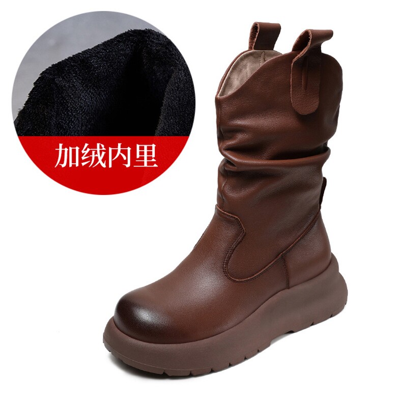真皮中筒靴褶皱牛皮中筒靴女2025新款时尚马丁堆堆靴秋季加绒靴子,女鞋马丁靴,电商A223