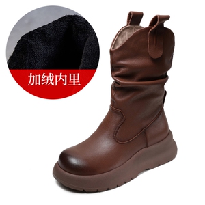 真皮中筒靴褶皱牛皮中筒靴女2025新款时尚马丁堆堆靴秋季加绒靴子图片