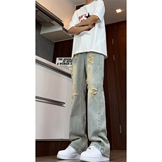 B221美式ins高街暗黑小众微喇破洞牛仔裤LK24185-P65控88，男装牛仔裤，电商B221