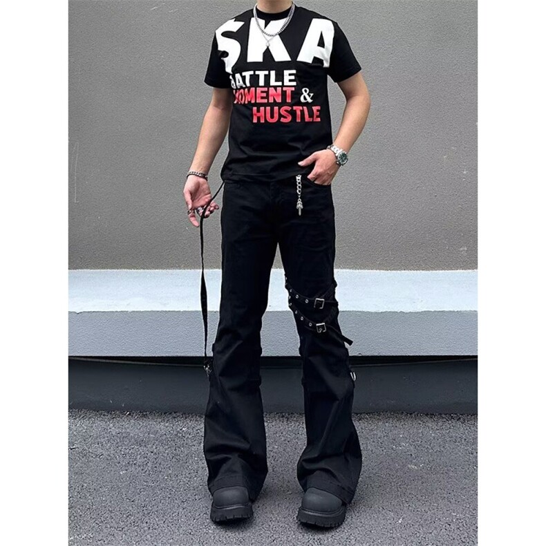 2026美式裤腿绑带重工高街多口袋工装水洗黑牛仔裤K71586-P55网图,男装牛仔裤,电商B245