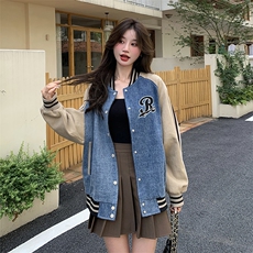 独特超好看牛仔拼接棒球服外套女春2025新款美式休闲宽松夹克上衣，女装短外套，辉之琳