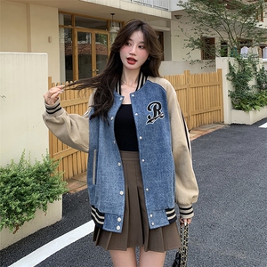 独特超好看牛仔拼接棒球服外套女春2025新款美式休闲宽松夹克上衣图片