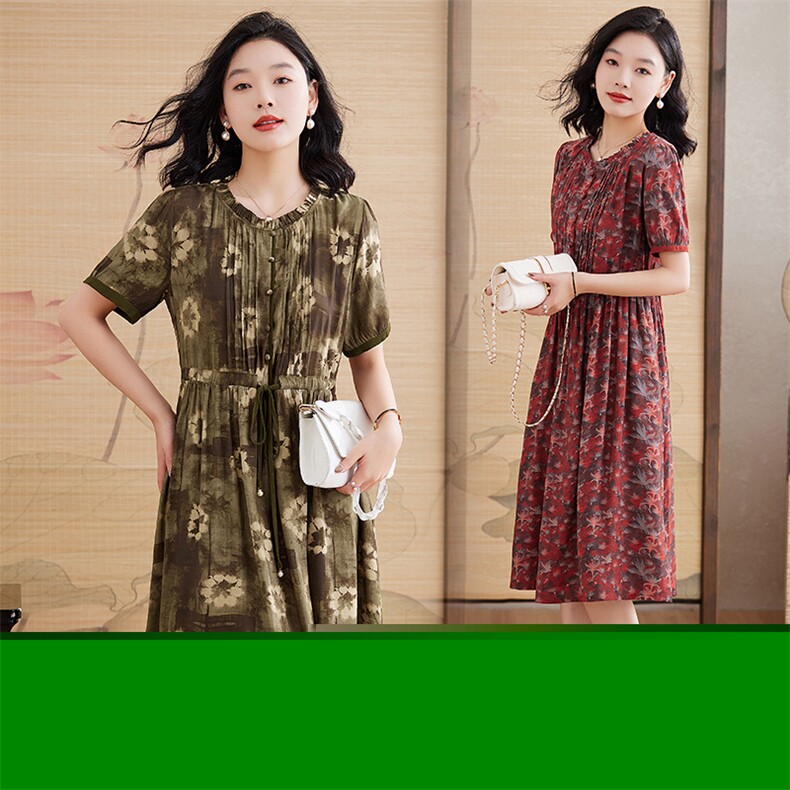 高贵气质中老年女装夏季新款亲肤透气碎花洋气冰丝连衣裙，女装连衣裙，媚琳依坊
