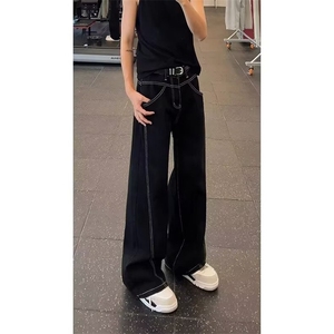 设计感辑明线轮廓设计黑色牛仔裤男女同款阔腿直筒裤图片